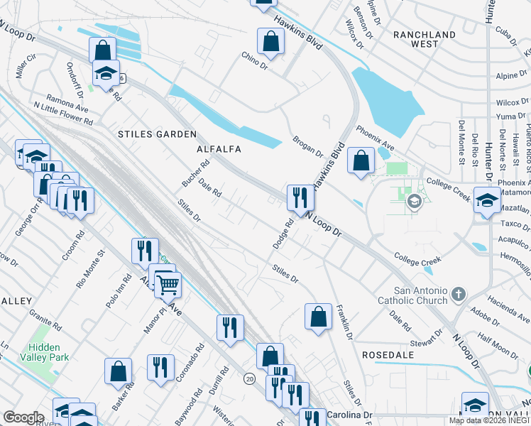 map of restaurants, bars, coffee shops, grocery stores, and more near 7241 Dale Road in El Paso