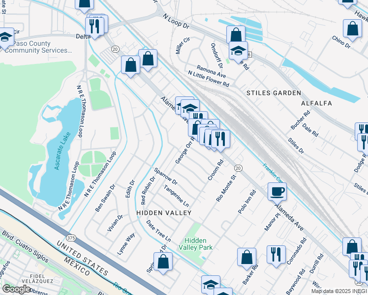 map of restaurants, bars, coffee shops, grocery stores, and more near 125 George Orr Road in El Paso