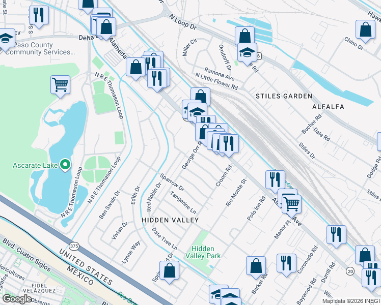 map of restaurants, bars, coffee shops, grocery stores, and more near 125 George Orr Road in El Paso