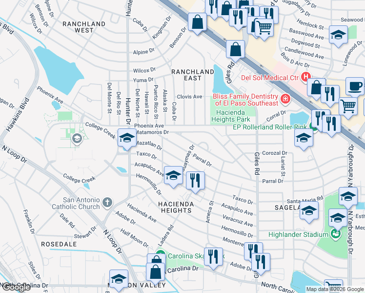 map of restaurants, bars, coffee shops, grocery stores, and more near 7547 Parral Drive in El Paso