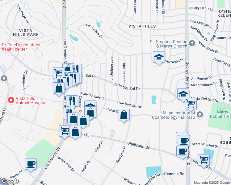 map of restaurants, bars, coffee shops, grocery stores, and more near 1515 Jim Colbert Lane in El Paso