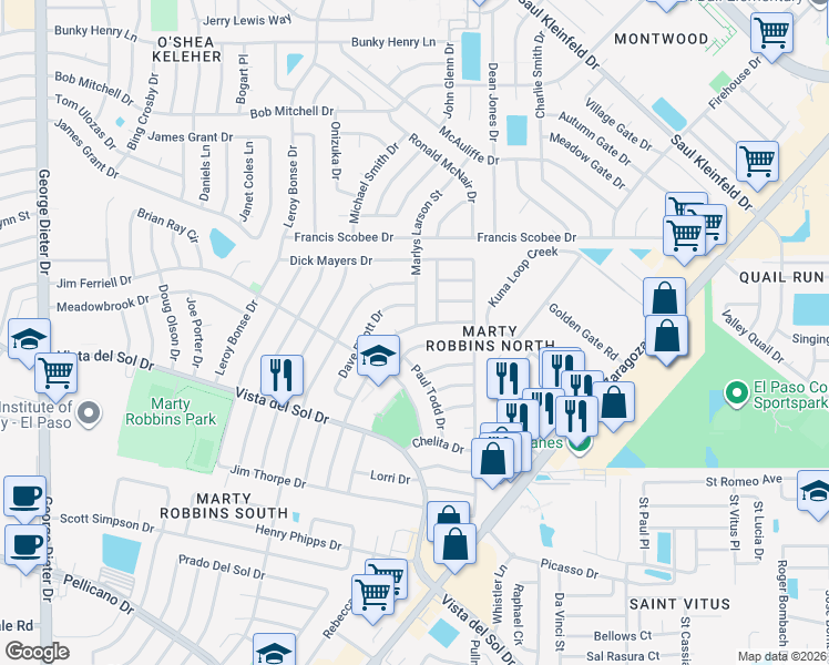 map of restaurants, bars, coffee shops, grocery stores, and more near 11845 Clara Barton Drive in El Paso