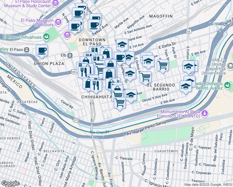 map of restaurants, bars, coffee shops, grocery stores, and more near 808 South Stanton Street in El Paso