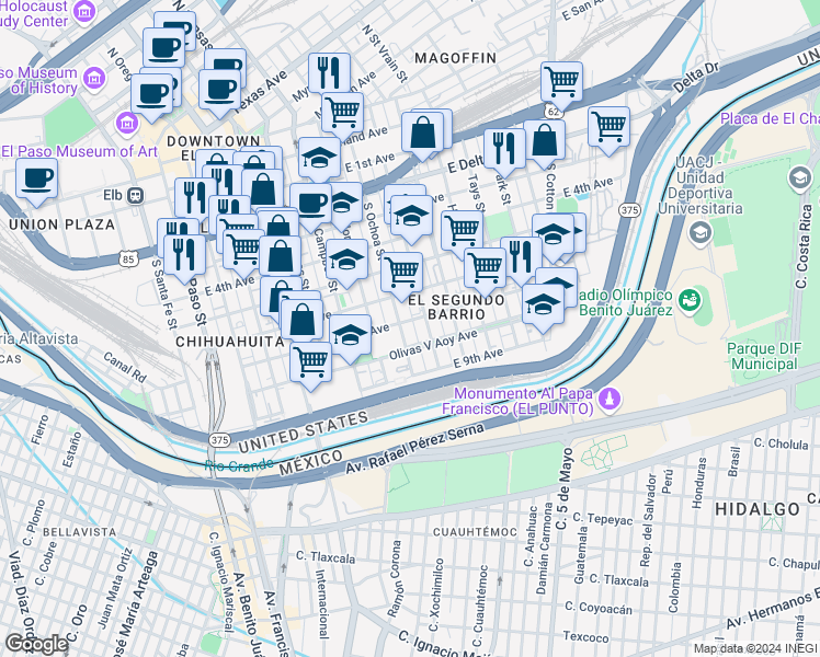map of restaurants, bars, coffee shops, grocery stores, and more near 916 South Ochoa Street in El Paso