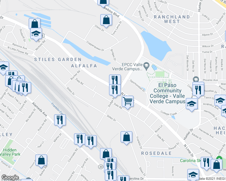 map of restaurants, bars, coffee shops, grocery stores, and more near 7244 North Loop Drive in El Paso