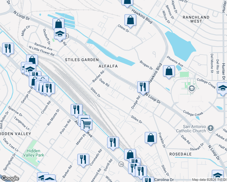 map of restaurants, bars, coffee shops, grocery stores, and more near 7225 Stiles Drive in El Paso