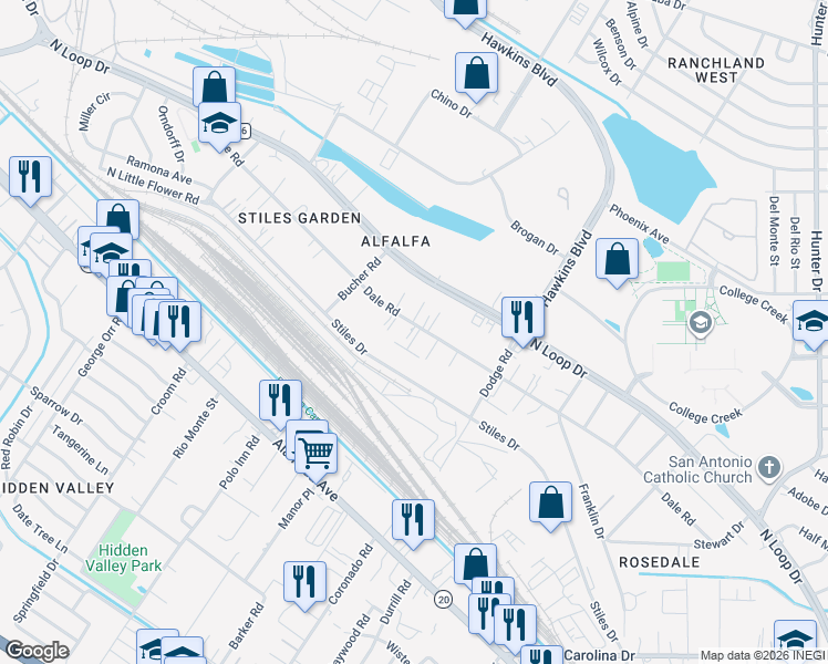 map of restaurants, bars, coffee shops, grocery stores, and more near 7225 Stiles Drive in El Paso