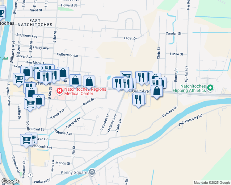 map of restaurants, bars, coffee shops, grocery stores, and more near 801 Keyser Avenue in Natchitoches
