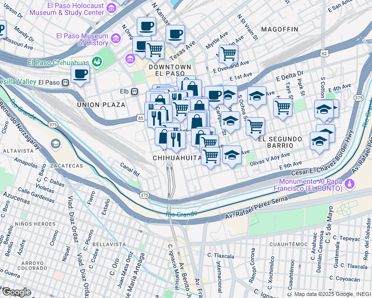 map of restaurants, bars, coffee shops, grocery stores, and more near 801 South Mesa Street in El Paso
