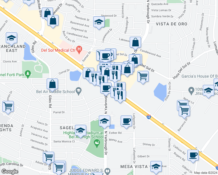 map of restaurants, bars, coffee shops, grocery stores, and more near 982-998 North Yarbrough Drive in El Paso