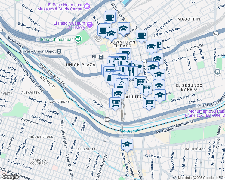 map of restaurants, bars, coffee shops, grocery stores, and more near 805 Texas 375 Loop in El Paso