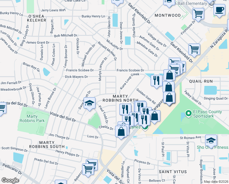 map of restaurants, bars, coffee shops, grocery stores, and more near 11841 Lewis Lee Court in El Paso