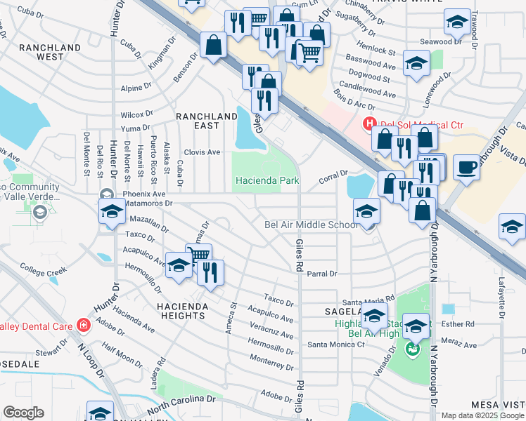 map of restaurants, bars, coffee shops, grocery stores, and more near 7728 Phoenix Avenue in El Paso