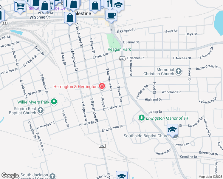 map of restaurants, bars, coffee shops, grocery stores, and more near 808 South Micheaux Avenue in Palestine