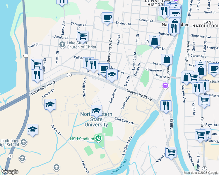 map of restaurants, bars, coffee shops, grocery stores, and more near 715 University Parkway in Natchitoches