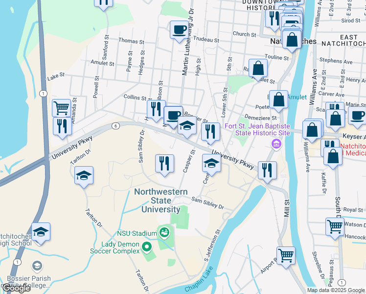 map of restaurants, bars, coffee shops, grocery stores, and more near 715 University Parkway in Natchitoches