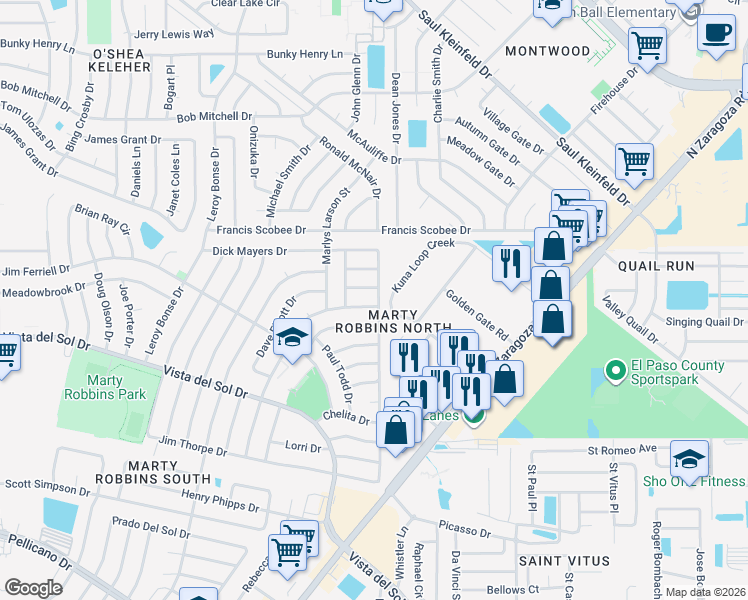 map of restaurants, bars, coffee shops, grocery stores, and more near 11841 Lewis Lee Court in El Paso