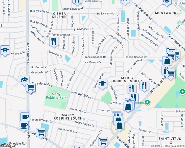 map of restaurants, bars, coffee shops, grocery stores, and more near 1636 Bill Ogden Drive in El Paso