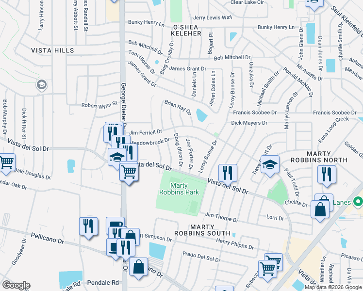map of restaurants, bars, coffee shops, grocery stores, and more near 11558 Meadowbrook Drive in El Paso
