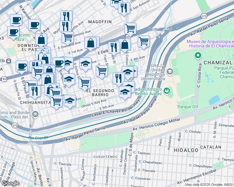 map of restaurants, bars, coffee shops, grocery stores, and more near 901 Park Street in El Paso