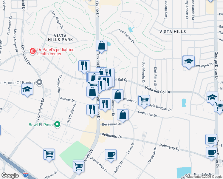 map of restaurants, bars, coffee shops, grocery stores, and more near 1567 Common Drive in El Paso