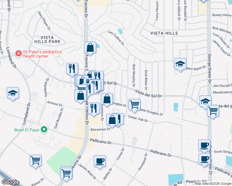 map of restaurants, bars, coffee shops, grocery stores, and more near 1520 Larry Wadkins Drive in El Paso
