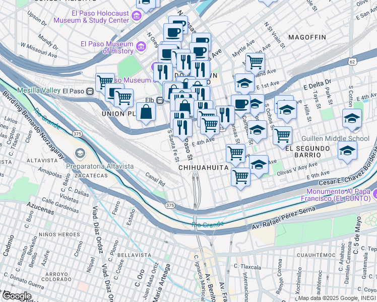 map of restaurants, bars, coffee shops, grocery stores, and more near South El Paso Street in El Paso
