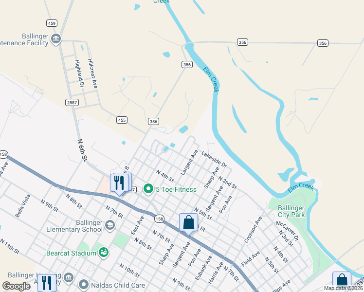 map of restaurants, bars, coffee shops, grocery stores, and more near 103 East Avenue in Ballinger