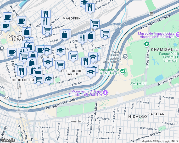 map of restaurants, bars, coffee shops, grocery stores, and more near 901 Park Street in El Paso