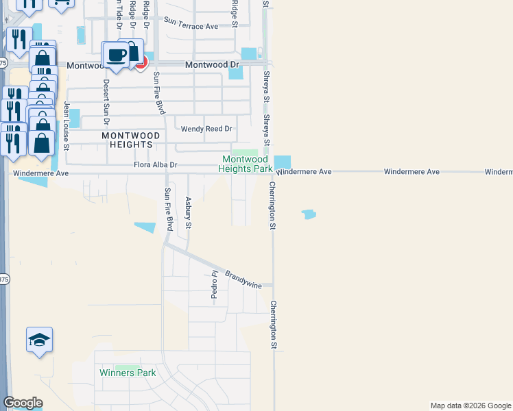 map of restaurants, bars, coffee shops, grocery stores, and more near Cherrington Street in El Paso