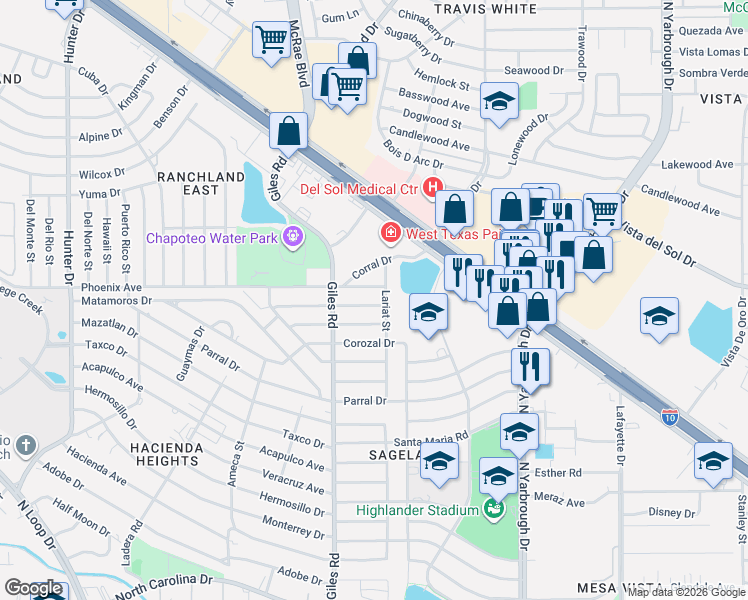 map of restaurants, bars, coffee shops, grocery stores, and more near 1040 Lariat Street in El Paso