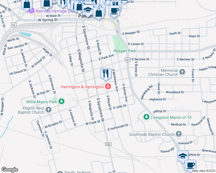 map of restaurants, bars, coffee shops, grocery stores, and more near 800 South Royall Street in Palestine