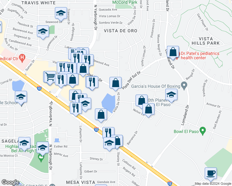 map of restaurants, bars, coffee shops, grocery stores, and more near 10744 Vista Del Sol Drive in El Paso