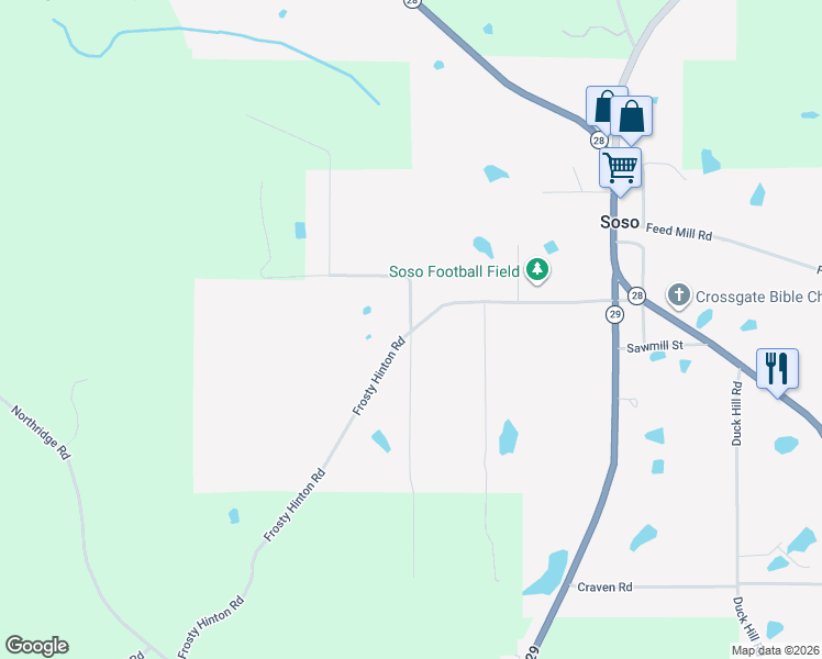 map of restaurants, bars, coffee shops, grocery stores, and more near 1 Josh Hinton Road in Soso