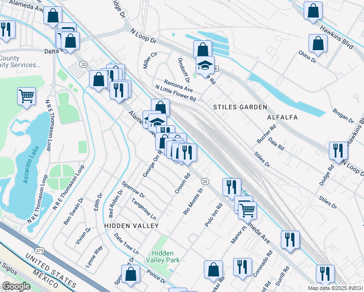 map of restaurants, bars, coffee shops, grocery stores, and more near 7109 Alameda Avenue in El Paso