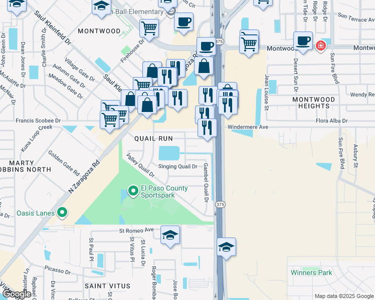 map of restaurants, bars, coffee shops, grocery stores, and more near 12140 Tree Quail Court in El Paso