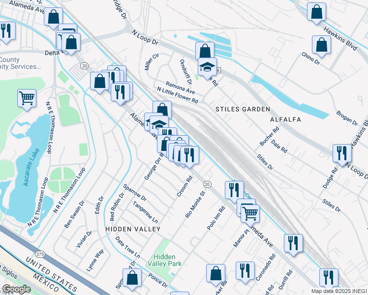 map of restaurants, bars, coffee shops, grocery stores, and more near 7109 Alameda Avenue in El Paso