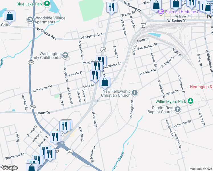 map of restaurants, bars, coffee shops, grocery stores, and more near 401 McNeil Street in Palestine