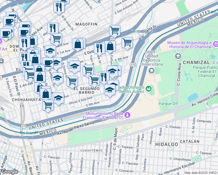 map of restaurants, bars, coffee shops, grocery stores, and more near 901 Park Street in El Paso