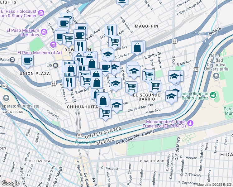 map of restaurants, bars, coffee shops, grocery stores, and more near 616 East Father Rahm Avenue in El Paso