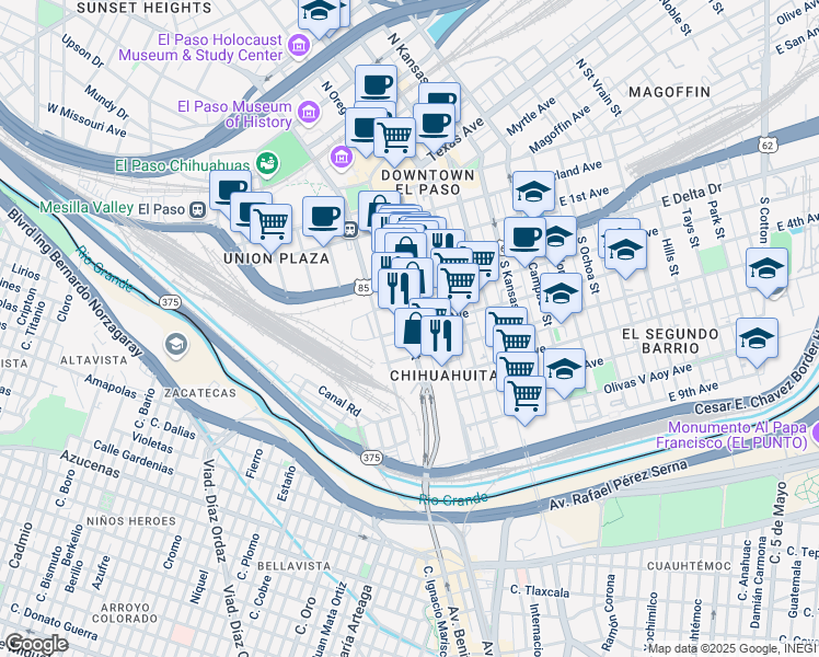 map of restaurants, bars, coffee shops, grocery stores, and more near South El Paso Street in El Paso