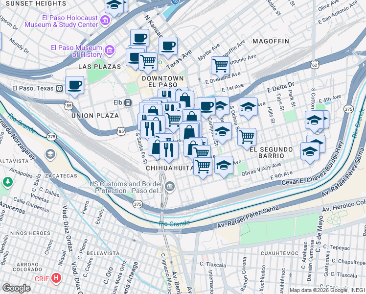 map of restaurants, bars, coffee shops, grocery stores, and more near 614 South Mesa Street in El Paso