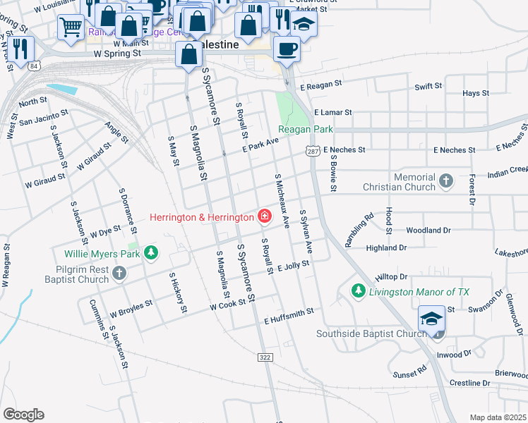 map of restaurants, bars, coffee shops, grocery stores, and more near 800 South Royall Street in Palestine