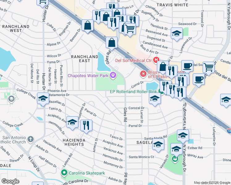 map of restaurants, bars, coffee shops, grocery stores, and more near 7728 Phoenix Avenue in El Paso