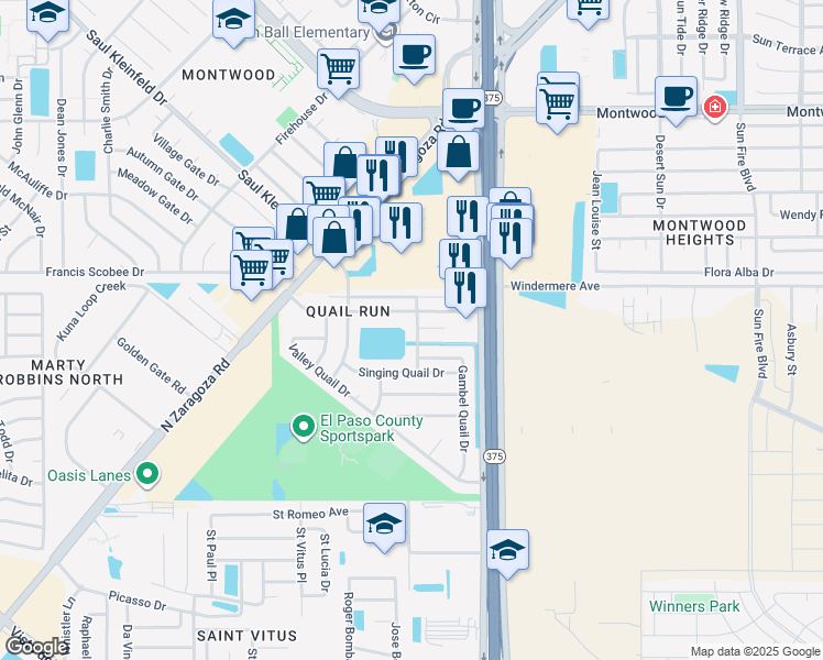 map of restaurants, bars, coffee shops, grocery stores, and more near 12140 Tree Quail Court in El Paso