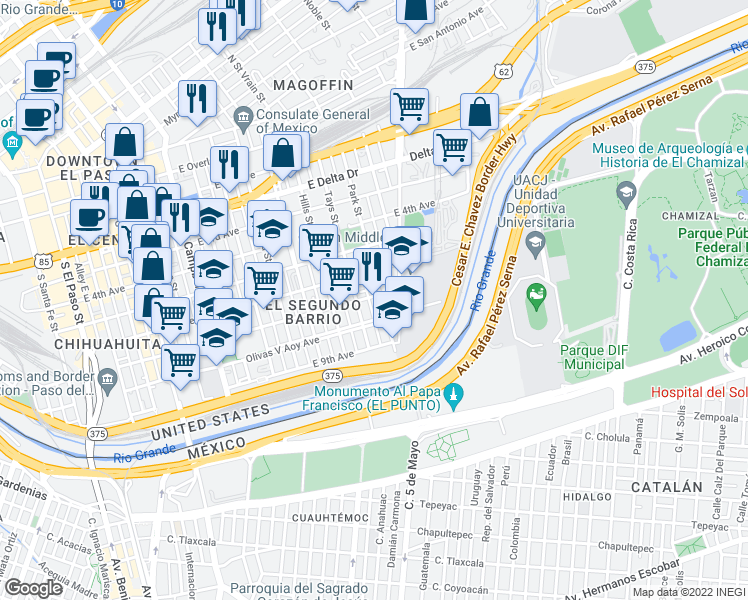 map of restaurants, bars, coffee shops, grocery stores, and more near 901 Park Street in El Paso