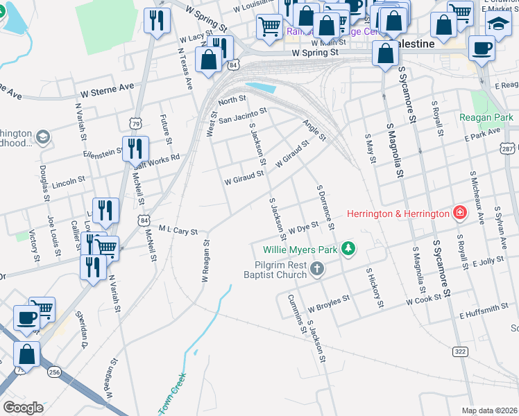 map of restaurants, bars, coffee shops, grocery stores, and more near 910 West Reagan Street in Palestine