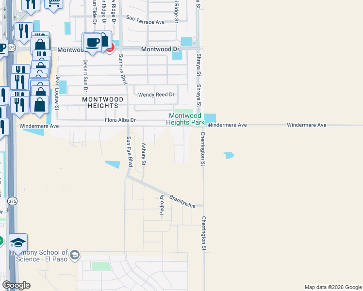 map of restaurants, bars, coffee shops, grocery stores, and more near Brevoort in El Paso