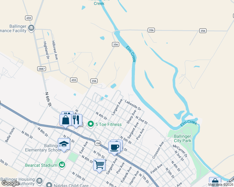 map of restaurants, bars, coffee shops, grocery stores, and more near 103 East Avenue in Ballinger