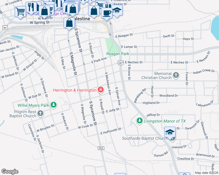 map of restaurants, bars, coffee shops, grocery stores, and more near 808 South Micheaux Avenue in Palestine